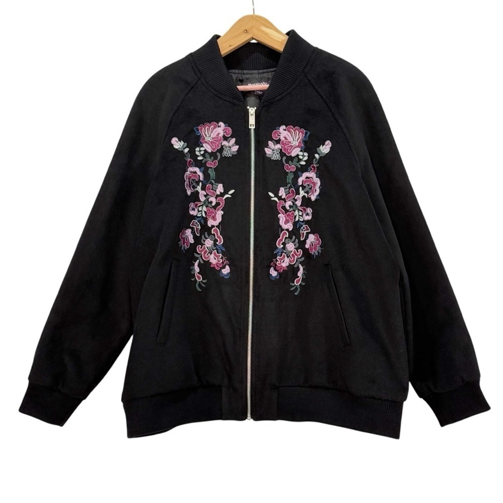 Roaman's Embroidered Floral Black Bomber Jacket - Size 18/20 (L)